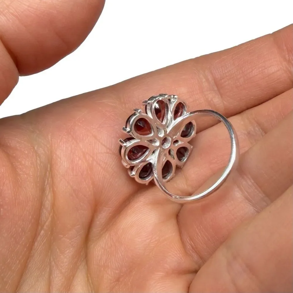 Garnet Ring Size 10 Flower Shaped Solid 925 Sterling Silver Daisy Multi Stone